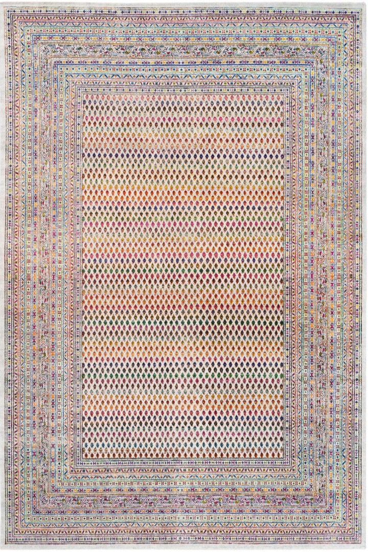 Hand-Knotted Oriental Rug with Colorful Wool and Sari Silk