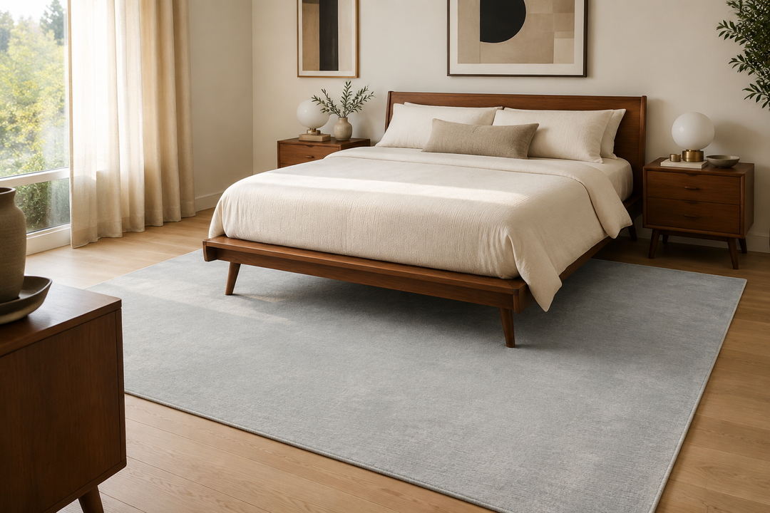 Light Grey Modern wool area rug staged in a mid-century modern bedroom