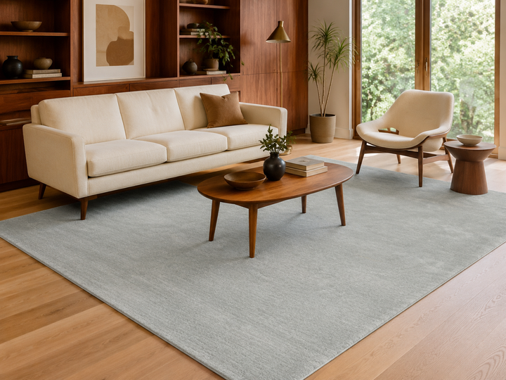 Light Grey Modern wool area rug staged in a mid-century modern living room